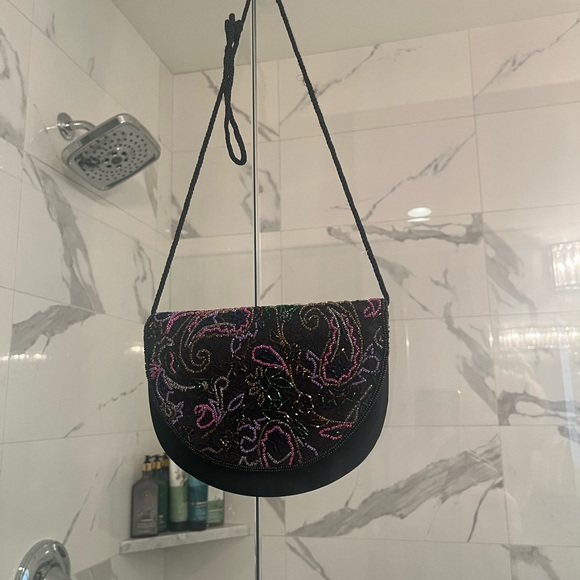 Vintage nicer 🧡quality gala evening bag black satin with jewel tone beading🖤💚 - Picture 4 of 16